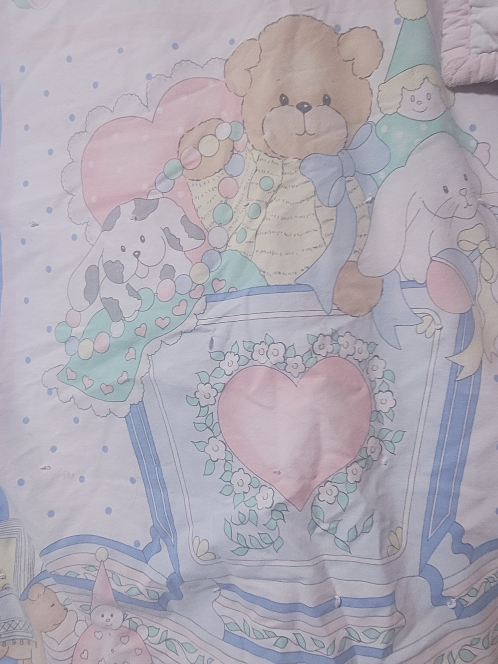 Vtg Pastel Teddy & Toy Heart Print Baby Bedding Blanket So Soft/ HANDMADE